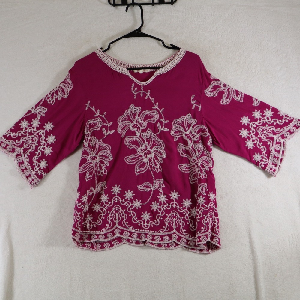Solitaire Embroidered Top Women Large Magenta Pink Boho Peasant Blouse Tunic